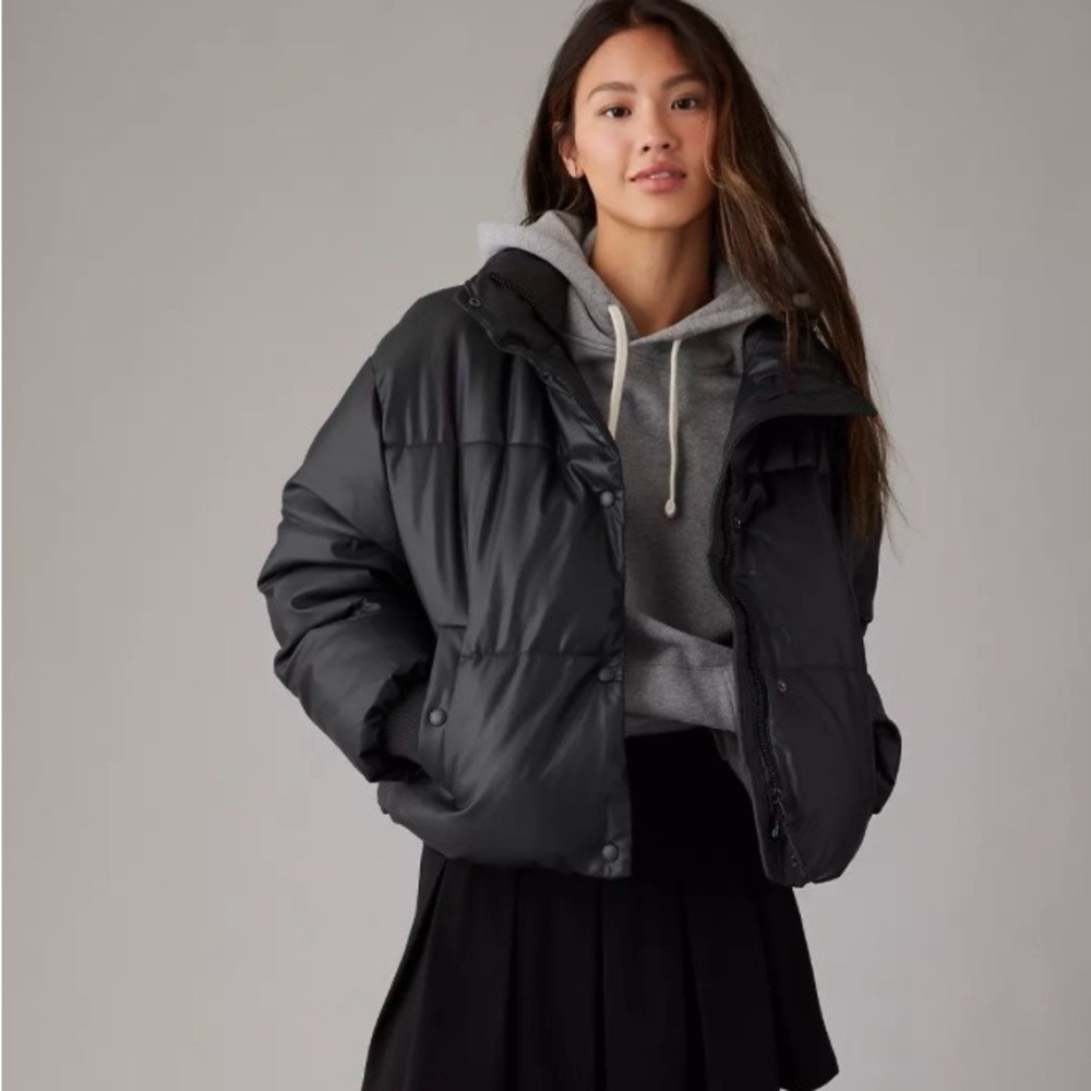 American Eagle Black Vegan Leather Puffer Jacket